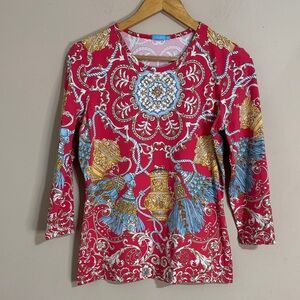 J. McLaughlin Catalina Cloth Equestrian Pattern Top 3/4 Sleeve Size M Old Money